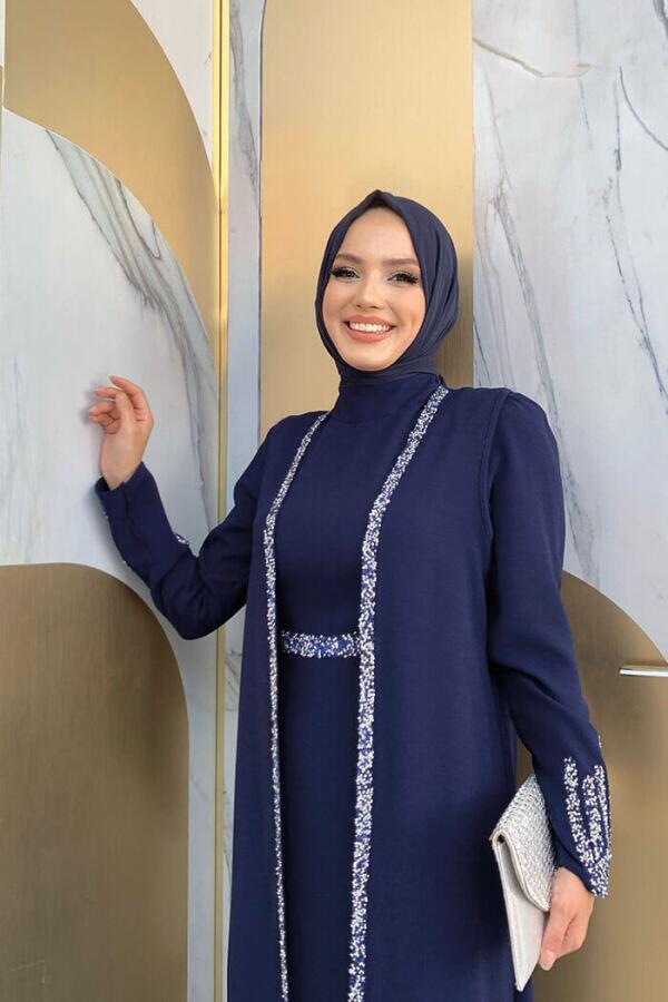 Taş İşleme Detaylı Yelekli Elbise Takım 3838 Lacivert - 4