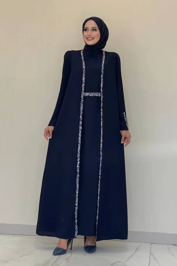 Taş İşleme Detaylı Yelekli Elbise Takım 3838 Lacivert - 1