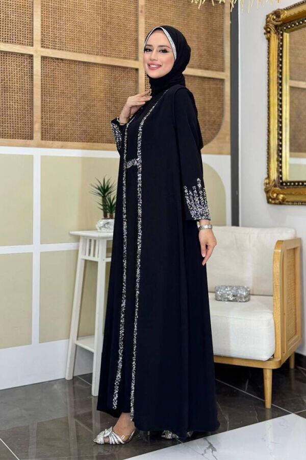 Taş İşleme Detaylı Yelekli Elbise Takım 3838 Siyah - 7
