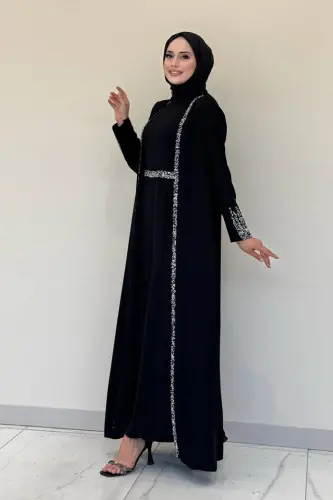 Taş İşleme Detaylı Yelekli Elbise Takım 3838 Siyah - 1