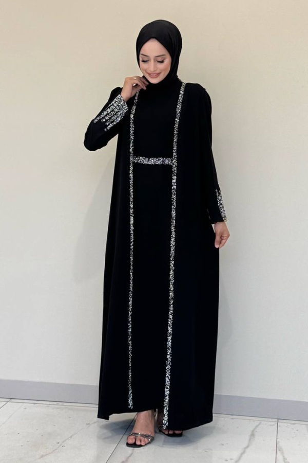 Taş İşleme Detaylı Yelekli Elbise Takım 3838 Siyah - 10
