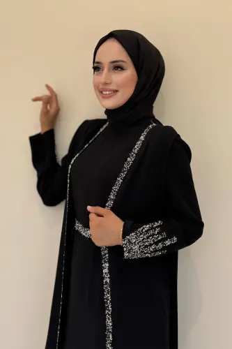 Taş İşleme Detaylı Yelekli Elbise Takım 3838 Siyah - 4
