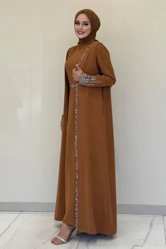 Taş İşleme Detaylı Yelekli Elbise Takım 3838 Taba - 1