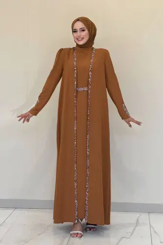 Taş İşleme Detaylı Yelekli Elbise Takım 3838 Taba - 2
