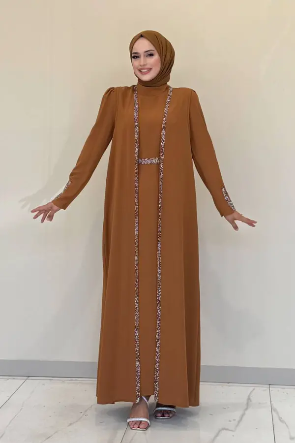 Taş İşleme Detaylı Yelekli Elbise Takım 3838 Taba - 2