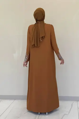 Taş İşleme Detaylı Yelekli Elbise Takım 3838 Taba - 4