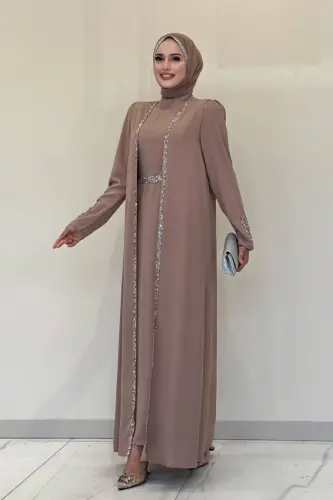 Taş İşleme Detaylı Yelekli Elbise Takım 3838 Vizon - Bym Fashion (1)
