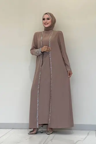 Taş İşleme Detaylı Yelekli Elbise Takım 3838 Vizon - 1