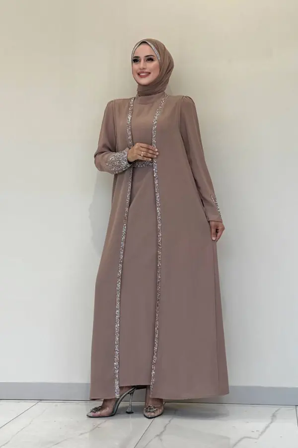 Taş İşleme Detaylı Yelekli Elbise Takım 3838 Vizon - 1