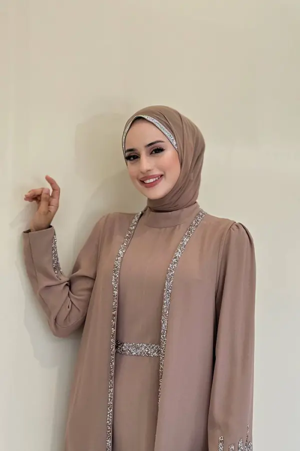 Taş İşleme Detaylı Yelekli Elbise Takım 3838 Vizon - 4