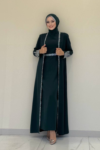 Taş İşleme Detaylı Yelekli Elbise Takım 3838 Zümrüt - Bym Fashion (1)