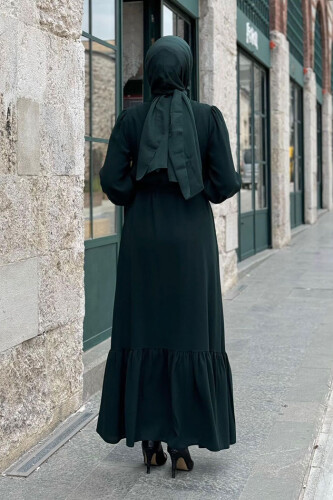 Boydan Düğmeli Omuz Taş İşleme Detaylı Ferace Elbise 3840 Zümrüt - Bym Fashion (1)