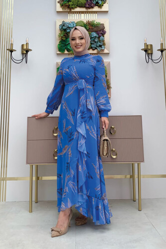 Leaf Pattern Ruffle Detail Chiffon Dress 3842 Blue - Bym Fashion