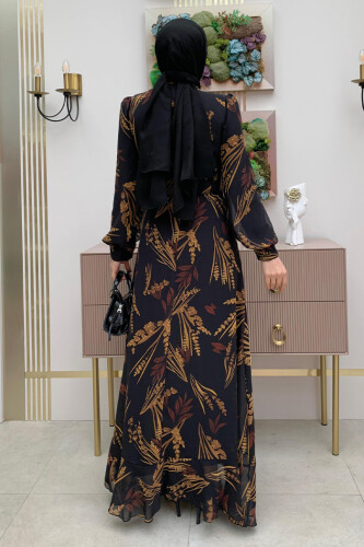 Yaprak Desen Fırfır Detay Şifon Elbise 3842 Siyah - Bym Fashion (1)