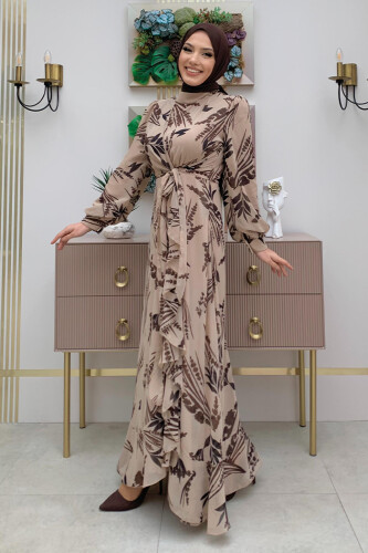 Leaf Pattern Frill Detail Chiffon Dress 3842 Stone - Bym Fashion (1)