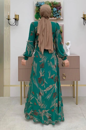 Leaf Pattern Frill Detail Chiffon Dress 3842 Emerald - Bym Fashion (1)
