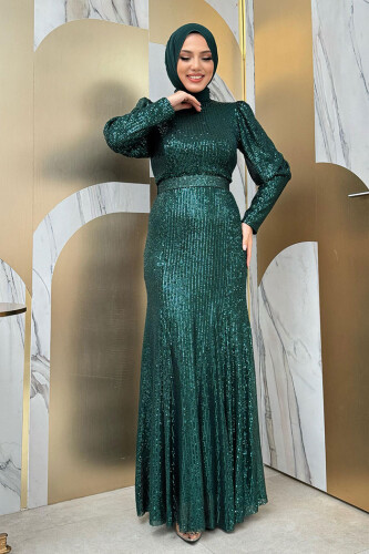 Kemer Aksesuarlı Pul Payet Balık Abiye Elbise 3858 Zümrüt - Bym Fashion