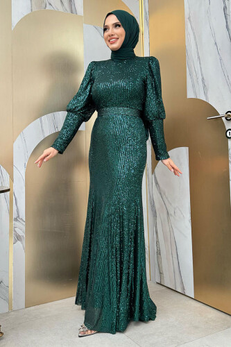 Kemer Aksesuarlı Pul Payet Balık Abiye Elbise 3858 Zümrüt - Bym Fashion (1)