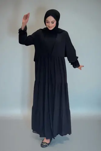 Kol Lastikli Kat Görünümlü Abayalı Elbise Takım 3859 Siyah - Bym Fashion (1)