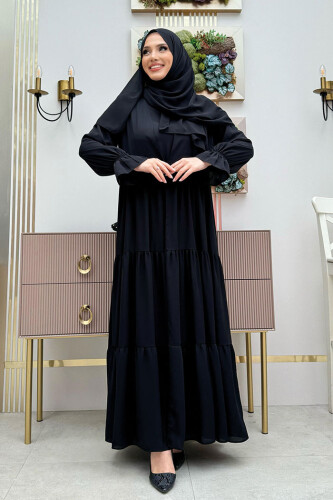 Kol Lastikli Kat Görünümlü Abayalı Elbise Takım 3859 Siyah - 1
