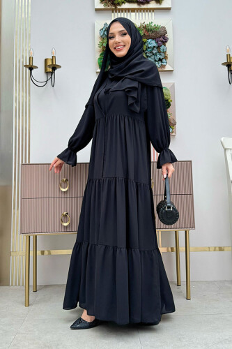 Kol Lastikli Kat Görünümlü Abayalı Elbise Takım 3859 Siyah - 2