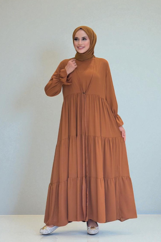 Kol Lastikli Kat Görünümlü Abayalı Elbise Takım 3859 Taba - Bym Fashion