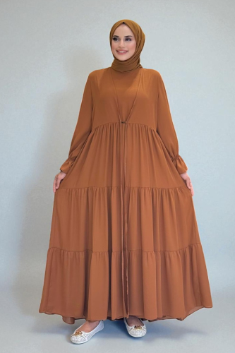 Kol Lastikli Kat Görünümlü Abayalı Elbise Takım 3859 Taba - Bym Fashion (1)