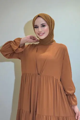 Kol Lastikli Kat Görünümlü Abayalı Elbise Takım 3859 Taba - 3