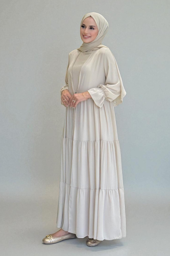 Kol Lastikli Kat Görünümlü Abayalı Elbise Takım 3859 Taş - Bym Fashion (1)