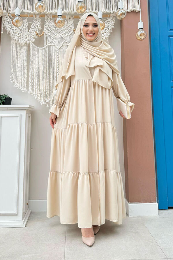Kol Lastikli Kat Görünümlü Abayalı Elbise Takım 3859 Taş - 1