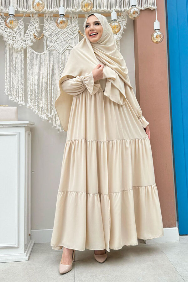Kol Lastikli Kat Görünümlü Abayalı Elbise Takım 3859 Taş - 2
