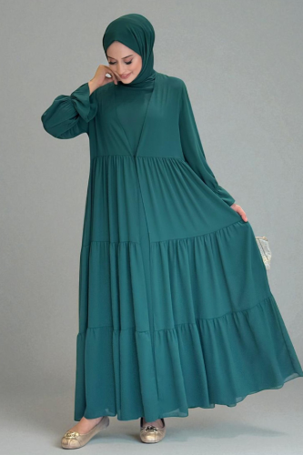 Kol Lastikli Kat Görünümlü Abayalı Elbise Takım 3859 Zümrüt - Bym Fashion