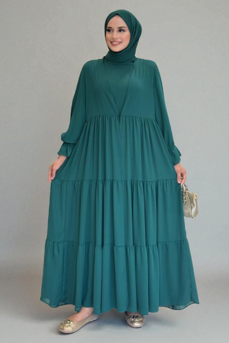 Kol Lastikli Kat Görünümlü Abayalı Elbise Takım 3859 Zümrüt - Bym Fashion (1)