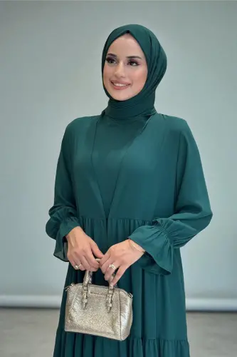 Kol Lastikli Kat Görünümlü Abayalı Elbise Takım 3859 Zümrüt - 3