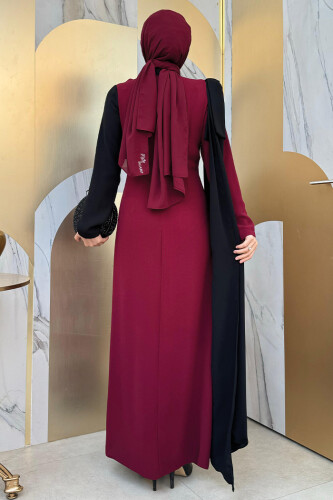 Tek Omuz Fiyonk Apoletli Çift Renk Elbise 3862 Bordo - Bym Fashion (1)