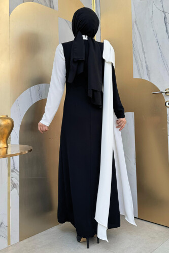 Tek Omuz Fiyonk Apoletli Çift Renk Elbise 3862 Siyah - Bym Fashion (1)