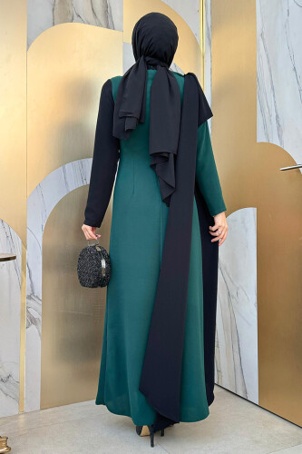 Tek Omuz Fiyonk Apoletli Çift Renk Elbise 3862 Zümrüt - Bym Fashion (1)