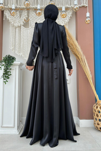 Taşlı Kemer Akseuarlı Saten Abiye Elbise 3863 Siyah - Bym Fashion (1)