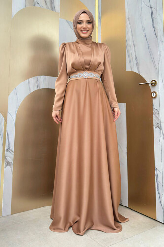 Taşlı Kemer Akseuarlı Saten Abiye Elbise 3863 Taba - Bym Fashion