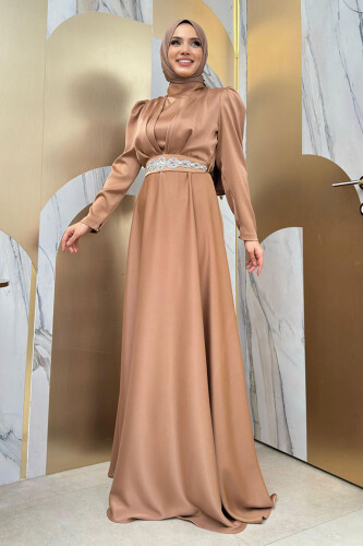 Taşlı Kemer Akseuarlı Saten Abiye Elbise 3863 Taba - Bym Fashion (1)