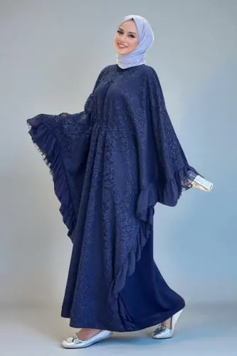 Uçları Şifon Fırfır Görünümlü Dantel Elbise 3864 Lacivert - Bym Fashion (1)