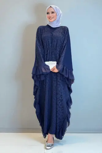 Uçları Şifon Fırfır Görünümlü Dantel Elbise 3864 Lacivert - 1