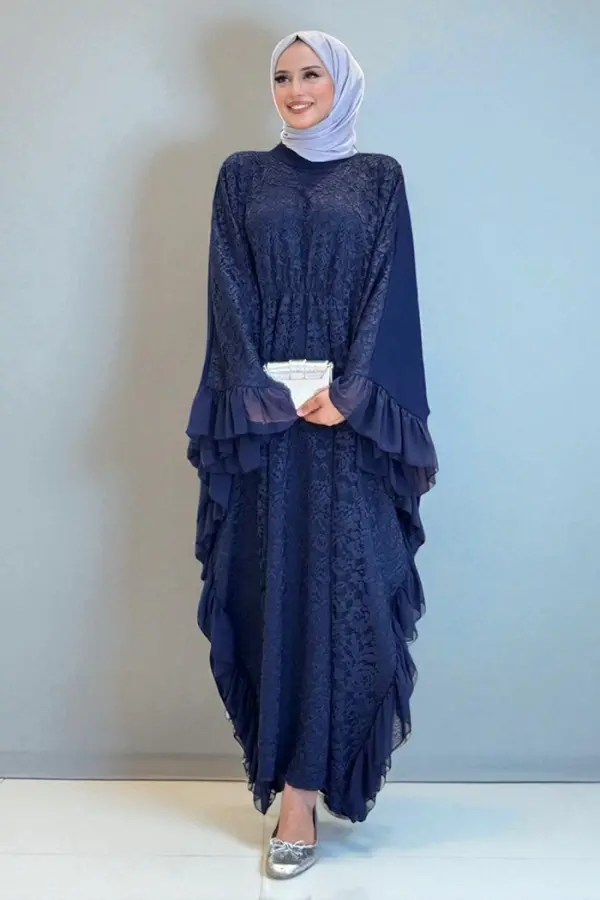Uçları Şifon Fırfır Görünümlü Dantel Elbise 3864 Lacivert - 1