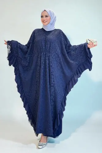 Uçları Şifon Fırfır Görünümlü Dantel Elbise 3864 Lacivert - 3