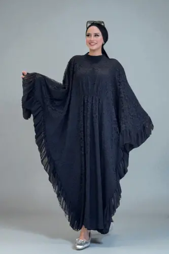 Uçları Şifon Fırfır Görünümlü Dantel Elbise 3864 Siyah - Bym Fashion (1)