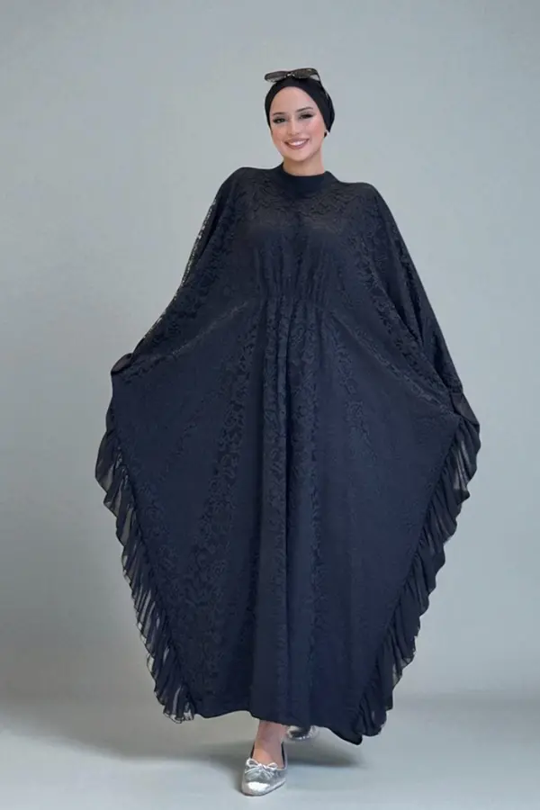 Uçları Şifon Fırfır Görünümlü Dantel Elbise 3864 Siyah - 1