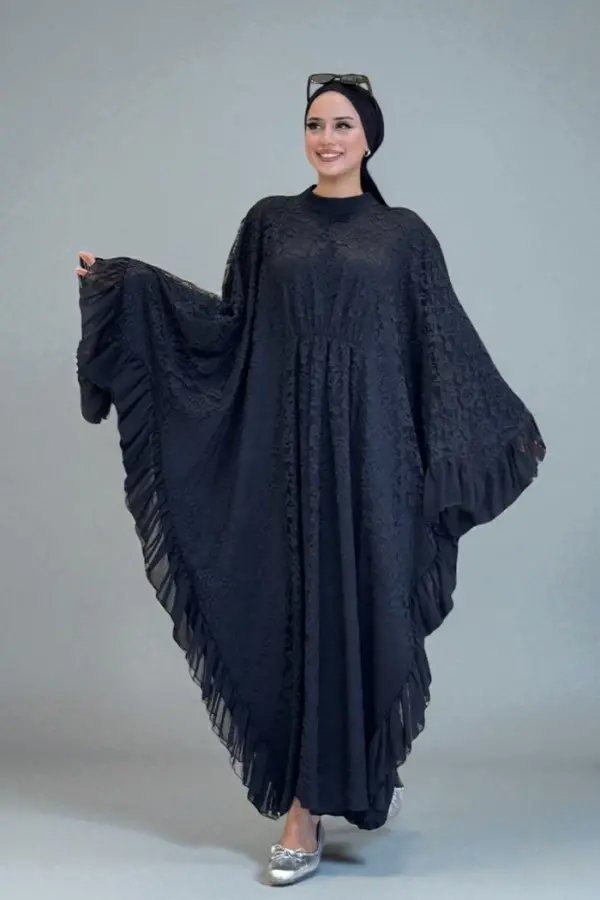 Uçları Şifon Fırfır Görünümlü Dantel Elbise 3864 Siyah - 2