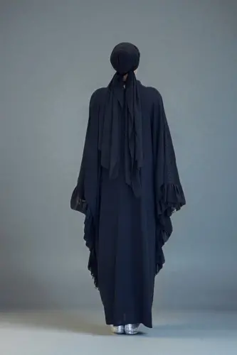 Uçları Şifon Fırfır Görünümlü Dantel Elbise 3864 Siyah - 3