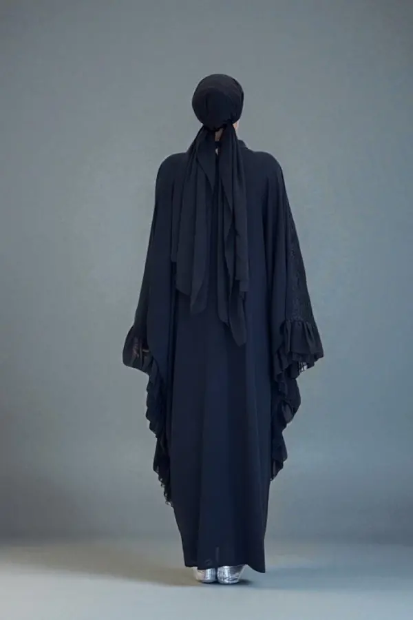 Uçları Şifon Fırfır Görünümlü Dantel Elbise 3864 Siyah - 3