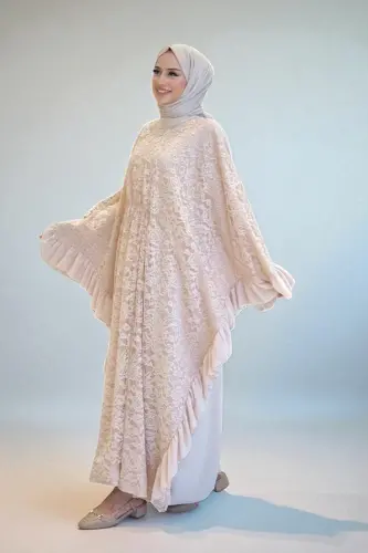 Uçları Şifon Fırfır Görünümlü Dantel Elbise 3864 Taş - Bym Fashion (1)